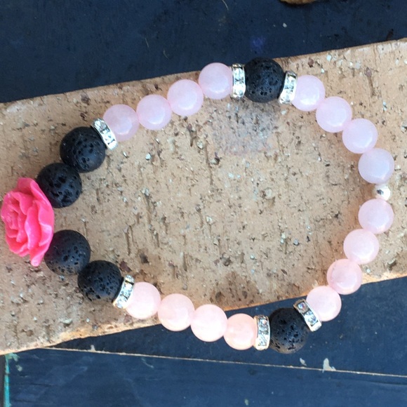 Pink Rose Quartz Black Lava Rock Diffuser Bracelet - Picture 2 of 6